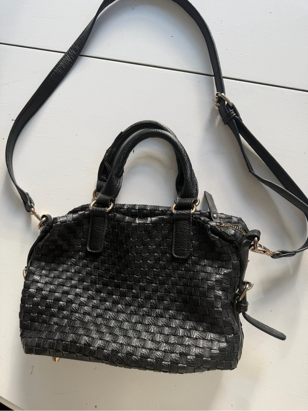 Madison West Boho Black Woven Leather Satchel Bag